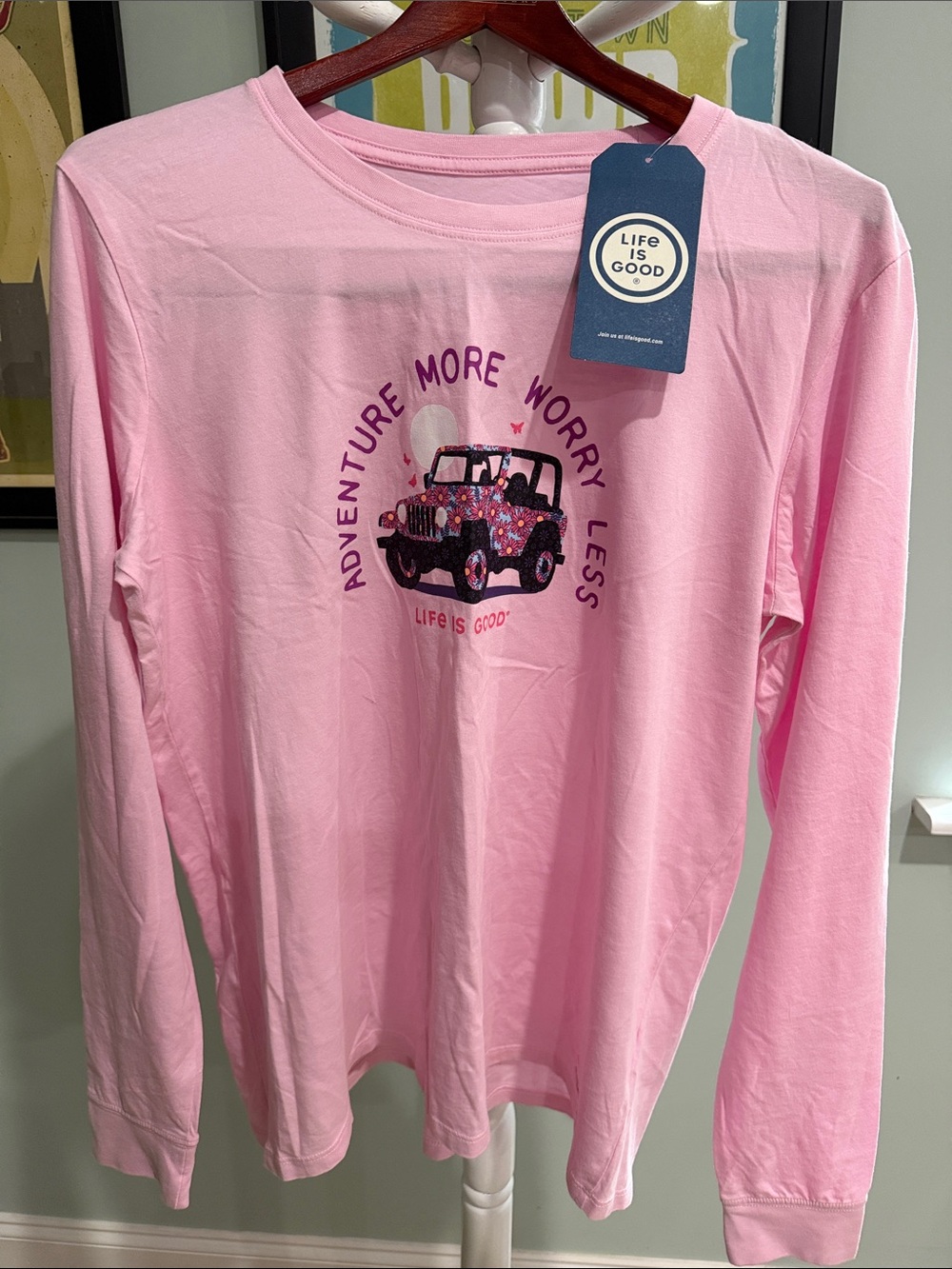 NWT Women’s Large Lg “Life Is Good”Pink Long-Sleeve Tee Girl Jeep Graphic Tshirt